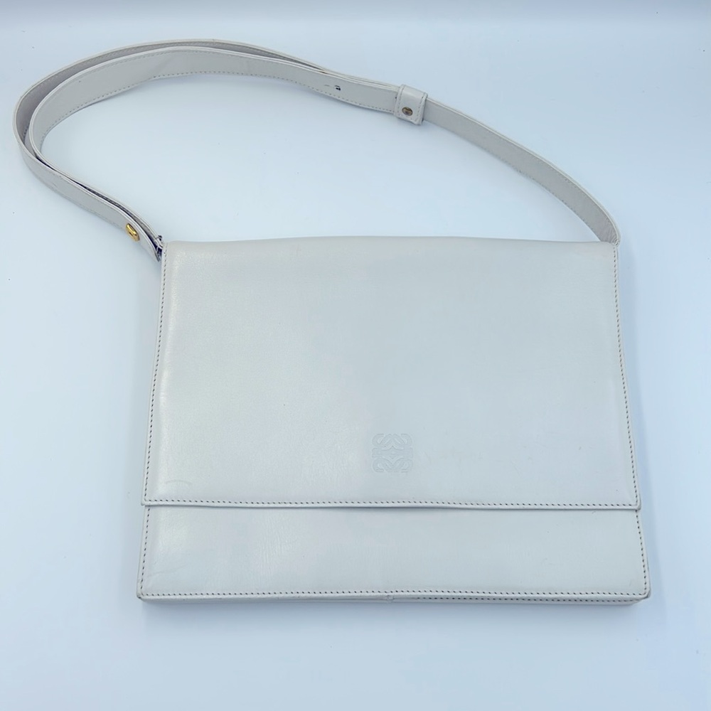 Vintage LOEWE Anagram Embossed White Leather Shoulder Bag - Made in Spain
